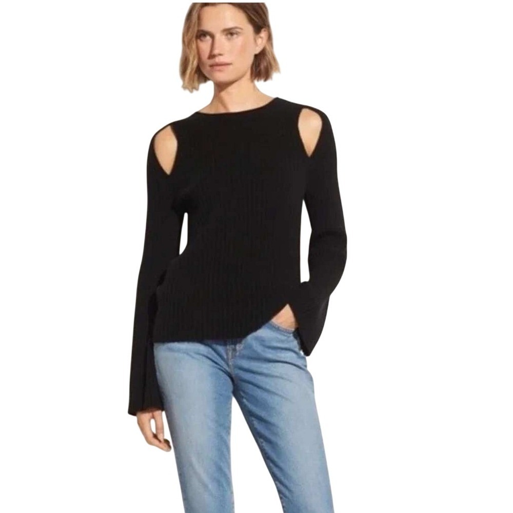 Vince Women's 100% Cashmere Ribbed Knitted Cutout Long Sleeve Sweater Black Sz M